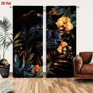 2D Flat 2 Piece Black Panther Dark Teal Tropical Floral Curtain Set, Stylized Close-Up Panther with Exotic Teal Leaves Golden Orchids Foliage, Dark Theme Blue Black Background Window Drapes for Living Room Bedroom Decor