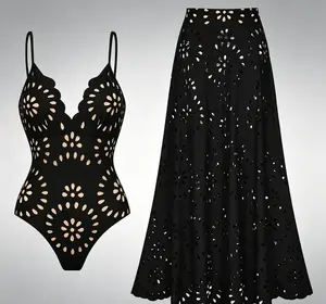 Women’s Laser Cut Dotted Black One Piece Swimsuit and Cover Skirt Swimwear Set Chic Beachwear Stylish Bathing Suit,summervibes