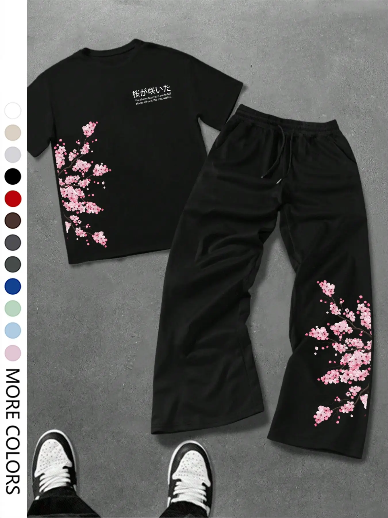 Japanese Cherry Blossom & Kanji Print 2-Piece Outfit, Short Sleeve Tee & Baggy Sweatpants Set, Sakura Floral Graphic Fashion Streetwear Tracksuit.
