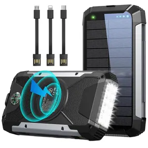 W25 Solar Charger 38600mAh,Solar Power Bank Wireless Portable Charger Built in 3 Cables External Battery Pack Waterproof with 4 Outputs 2 Inputs USB C 15 W 5V/3A Battery Bank with Camping Light Compass Accessories Charging