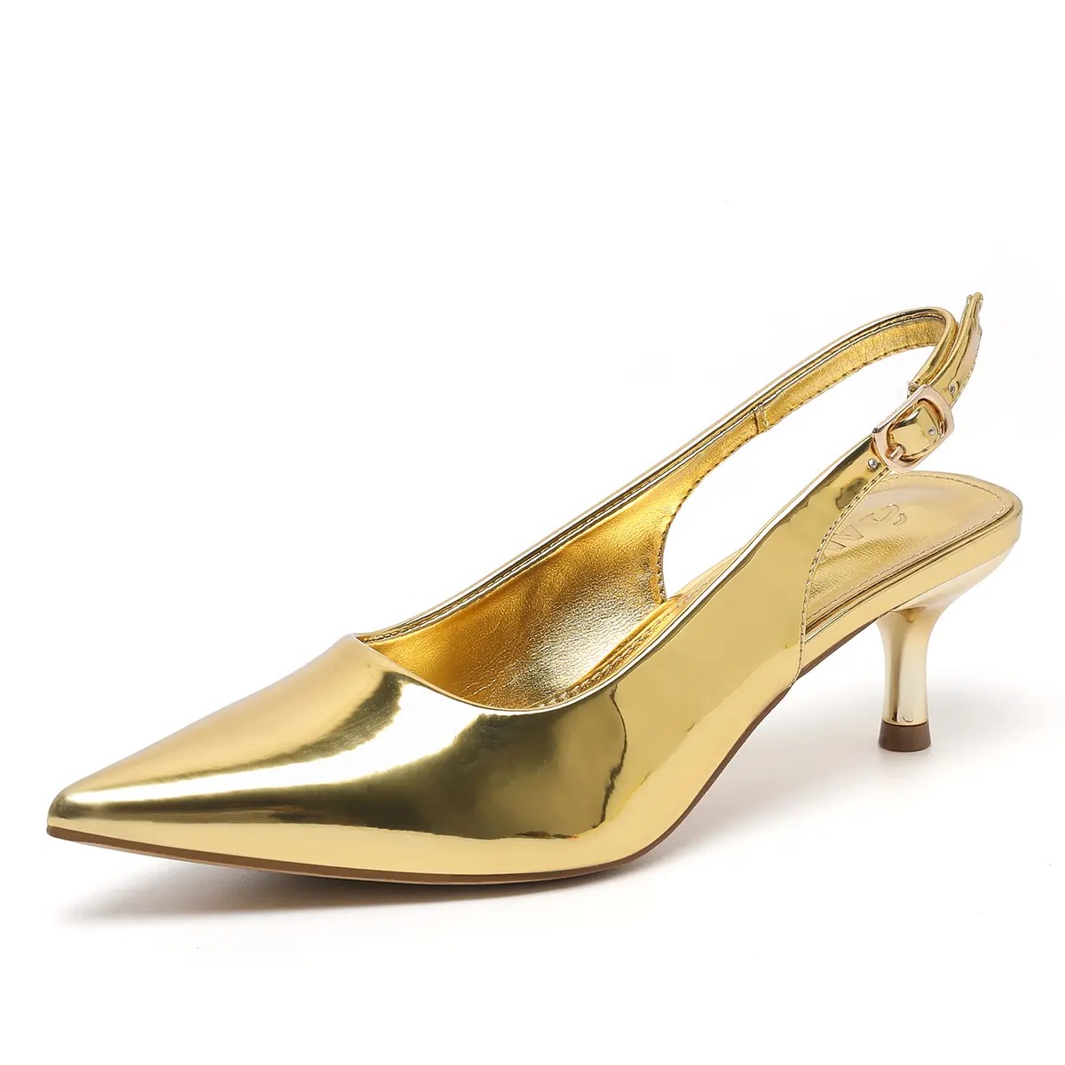 Amoji Women's 2 Inch Pointed Toe Low Kitten Heel Slingback Pump Party Wedding Dress Shoes 321 Elegant Fashion Casual Classic Gold Sandal