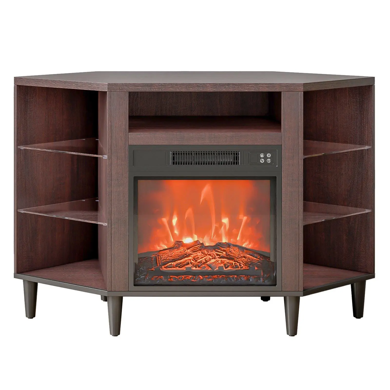 VEVOR Fireplace TV Stand for TVs 42",  Media Storage Corner with 18" Fireplace, Storage Drawers & Cabinets, Pastoral TV Console Table with 20 LED Lights, Remote Control and Timer for Living Room, Brown