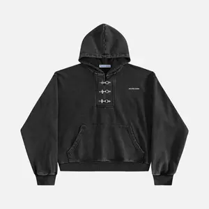 Aelfric Eden Boxy Metal Toggle Pullover Hoodie Oversized Boxy Cropped Fit Acid Wash Finish Metal Toggle Half-Placket Detail  Kangaroo Pocket Soft Fabric Retro Streetwear Unisex Top