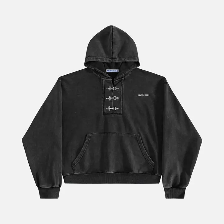 Aelfric Eden Boxy Metal Toggle Pullover Hoodie Oversized Boxy Cropped Fit Acid Wash Finish Metal Toggle Half Placket Detail Kangaroo Pocket Soft Fabric Retro Streetwear Unisex Top