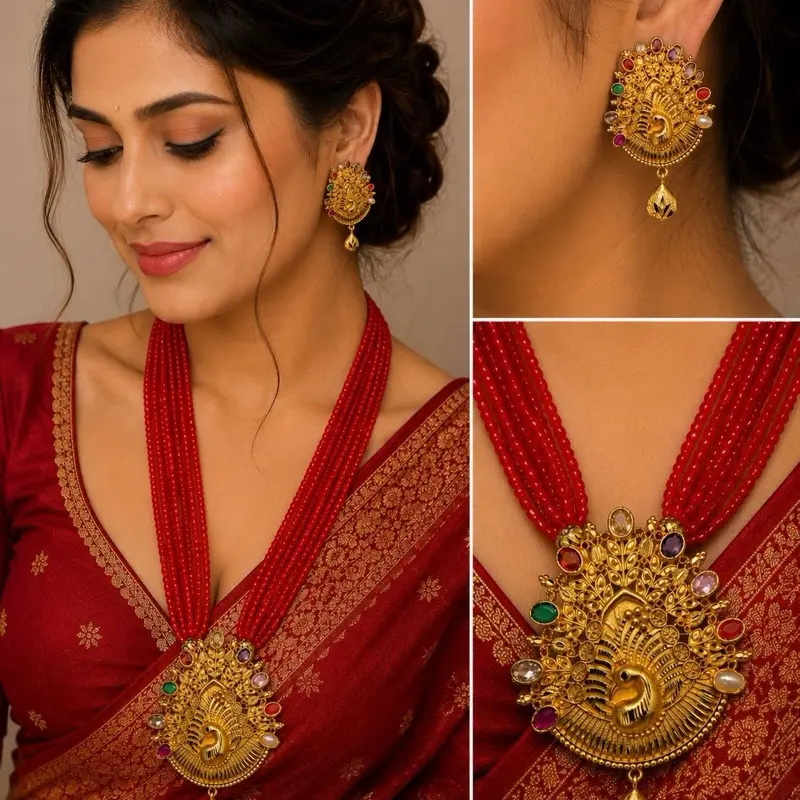 Traditional peacock-inspired necklaces with earrings
