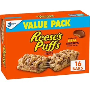 REESE'S Puffs Cereal Treat Bars, Peanut Butter and Cocoa, Snack Bars, Value Pack, 16 Ct, 13.6 oz