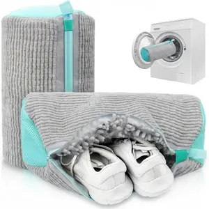 2PCS Shoe Washing Machine Bag, Laundry Shoe Bag for Washer and Dryer, Reusable Zipper Plush Sneaker Washing Machine Bag for Shoes, Gym,Tennis Shoes, Sports Delicate Gray