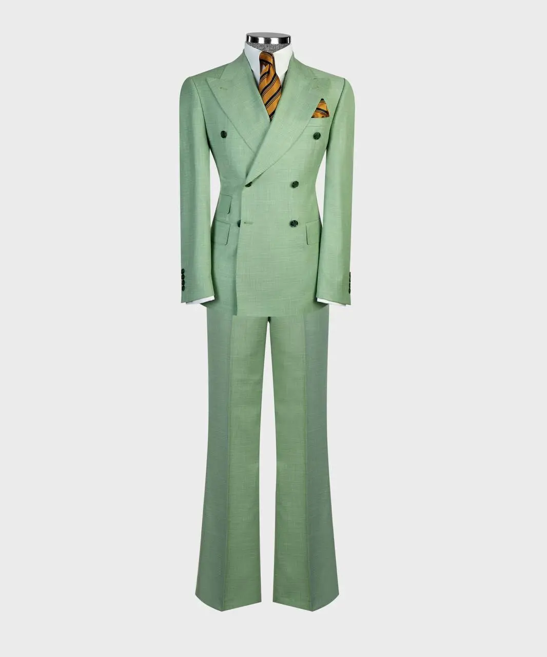 Men's 2-Piece Aesthetic Formal Suit - Mint Green, Sage, Peak Lapel, Double-Breasted, Long Sleeve Jacket, Flared-Leg Full-Length Trousers, Vintage Plain Fancy Menswear Clothes