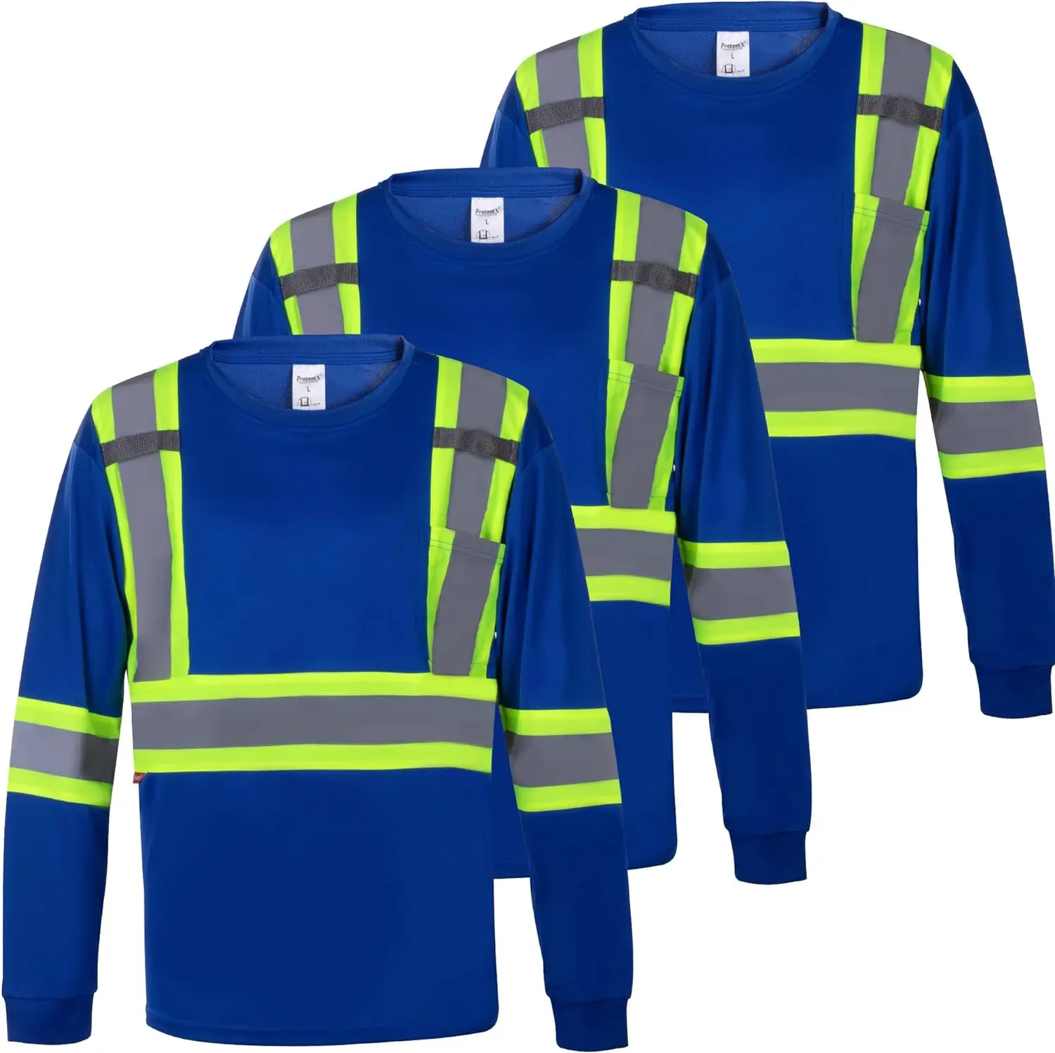 Men's High Visibility Heavy Duty Long Sleeve Reflective Safety T-Shirts for Construction, Class 2-3 Type R 3 PACK