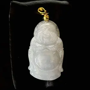 Hi-grade Natural Ice White Jade Jadeite Pendant 'The Buddha Happy', Free Necklace