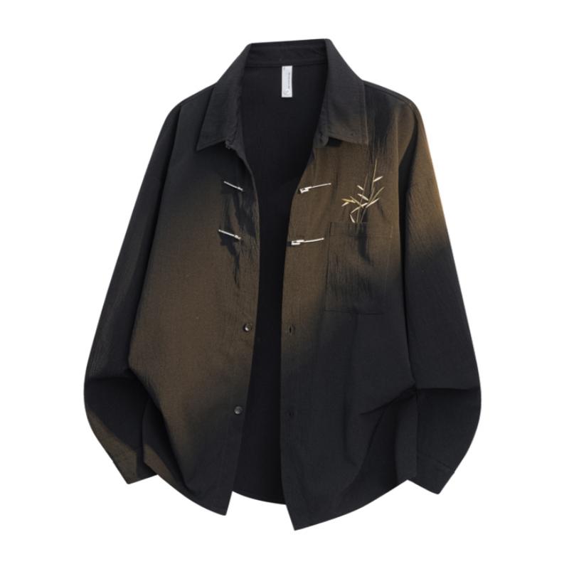 New Chinese-style long-sleeve top featuring bamboo leaf embroidery, a loose fit, frog buttons, design-forward retro high-end feel, and a drapey silhouette—a relaxed casual top with premium quality.