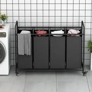 SUOERNUO Laundry Basket 4 Bag Sorter Cart with Heavy Duty Rolling Lockable Wheels Removable Bags Metal Organiser Durable Oxford Material 44L x 15.74W x 33.07H Inches