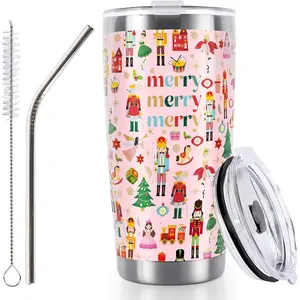 Pink Champagne Stainless Steel Nutcracker Water Bottle Tumbler with Lid, Straw, Sturdy Portable Travel-Friendly Women's Kitchenware Drinkware for Xmas Winter Holiday Gift