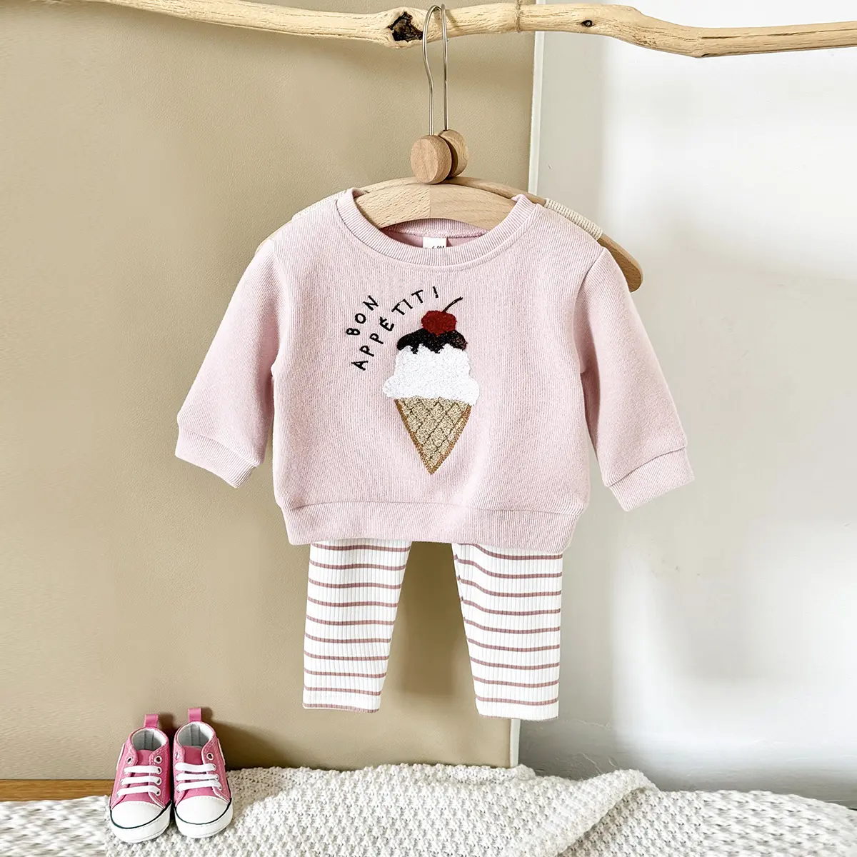 Newborn Baby 2-Piece Outfits, Playful Ice Cream Patch Top & Striped Pants, Casual Soft Fabric Clothing Gift Set for Spring, Autumn, Cute, Infant, Matching Set, Long Sleeve, Crew Neck, Two Pieces