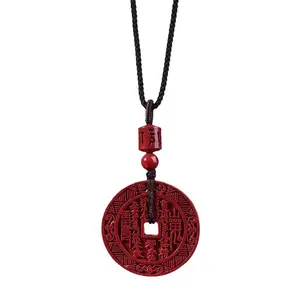 Unisex Vermillion Carved Art Mountain Ghost Lucky Coin Pendant Necklace - Chinese Style Artistic Amulet for Ben Ming Nian Protection, Daily Wear & Birthday Gifting, Red Men's Fashion Costume Jewelry Accessory, Chinese Style Necklaces