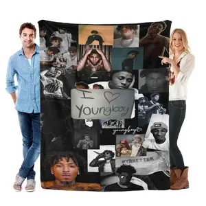 YoungBoy Collage Christmas Gift Flannel Blanket Black Backdrop with Artist's Portraits Youngboy Text & YBBETTER Branding Soft Festive Present for Hip-Hop Fans