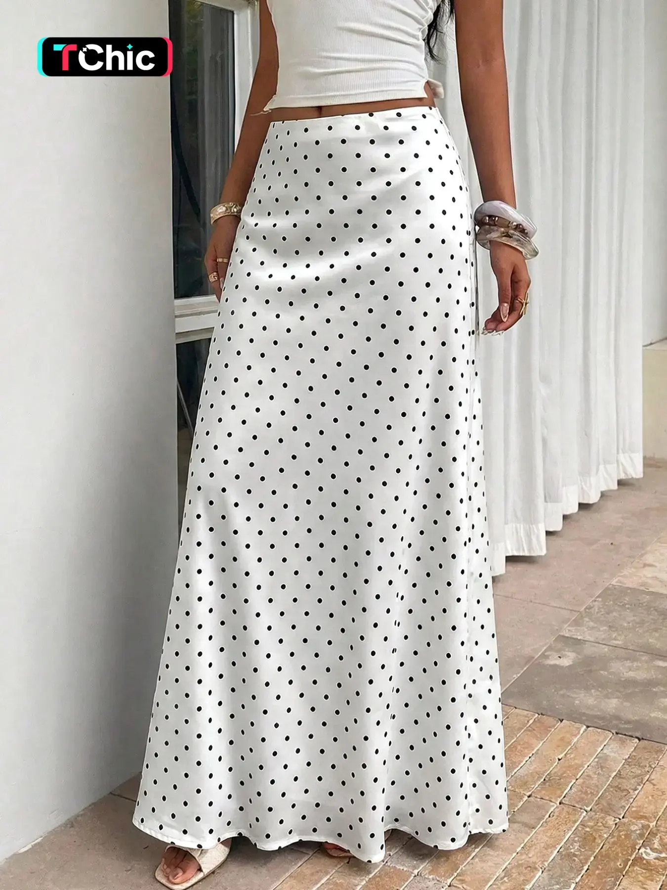 Elegant Chic High-Waist Polka Dot Fishtail Skirt, Long Casual Bottoms for Office, Vacation, Dates, Early Autumn Fashion, Elegance