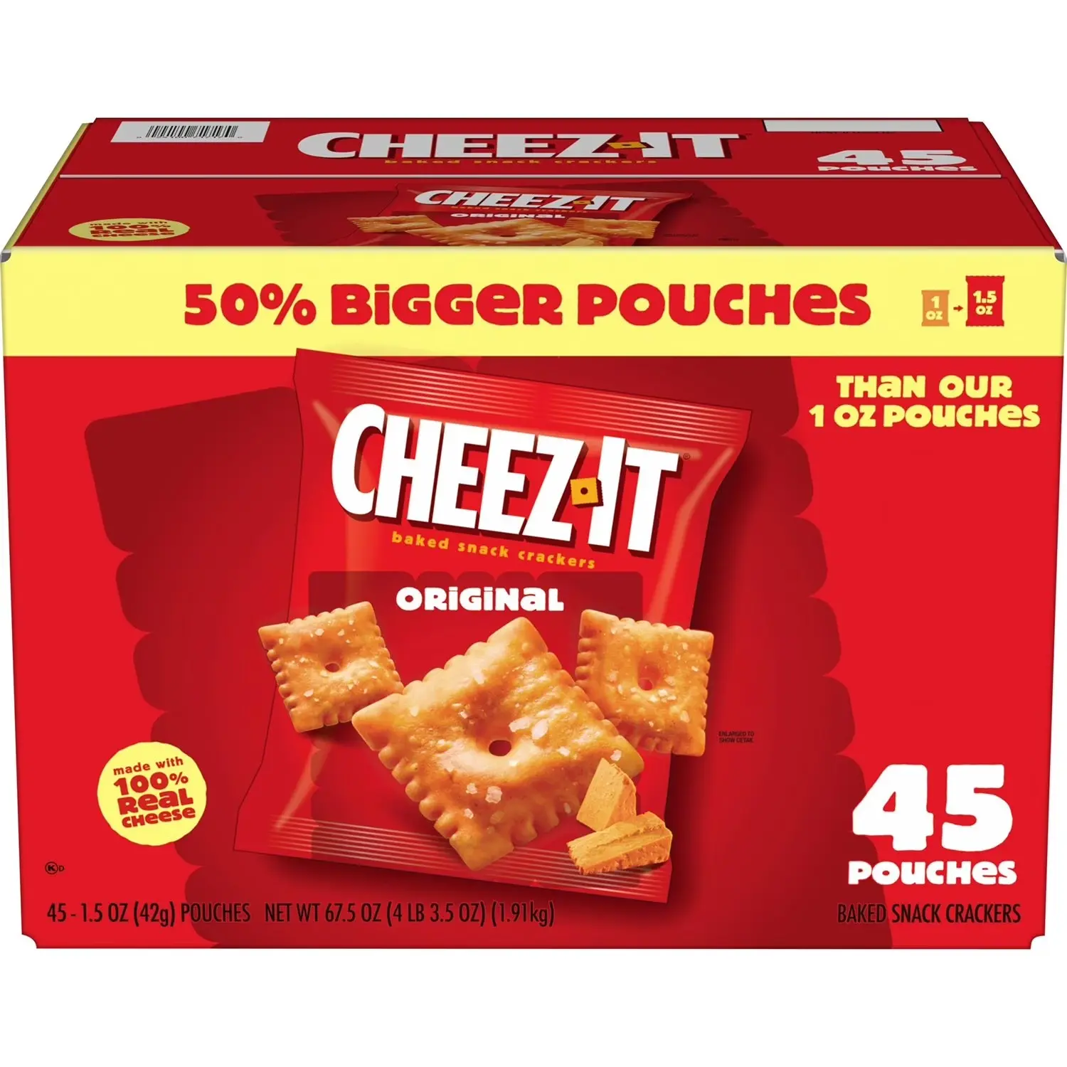 Cheez-It Original Baked Square Savory Crisps - 1.5 oz Individually Wrapped Grain Snack Bites, Crisps Puffed Snacks with Reduced Iron, 45-Pack for Teachers