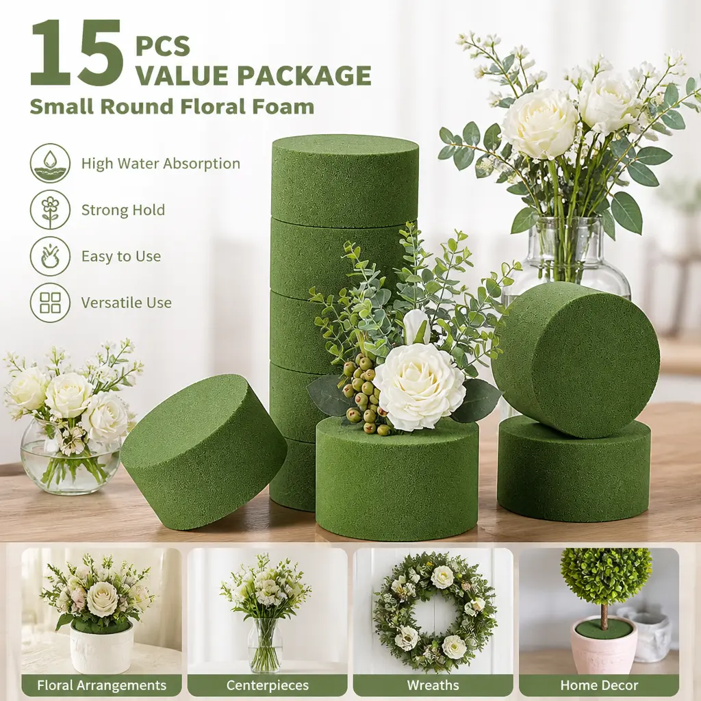15-Pack Green Round Floral Foam Bricks - Wet-Dry Florist Supplies, Easy-to-Cut, Water-Absorbent Green Blocks of Foam for Flower Arrangement, DIY Wedding Centerpieces