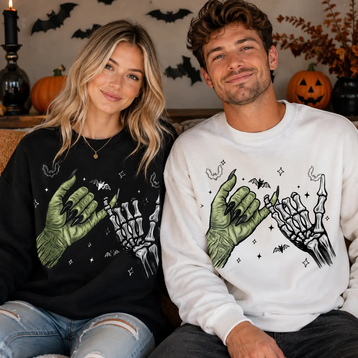 Halloween Pinky Promise Skeleton Hand Sweatshirt, Witch Hand Graphic Crewneck, Matching Couples Halloween Pullover, Spooky Season Sweatshirt - WILLA MADE