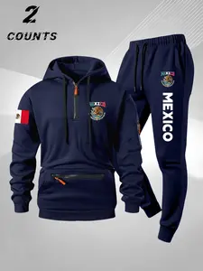 Men's 2-Piece Set, Fashion Half-Zip Hoodie & Drawstring Pants, Mexican Letter Flag Print, Fall & Winter Sports Wear