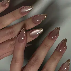 Simple Style Nude Gold Edge Cat Eye Almond Nail Tips, Detachable French Tip Press-On Nails for Women Girls Daily Shimmer Glitter