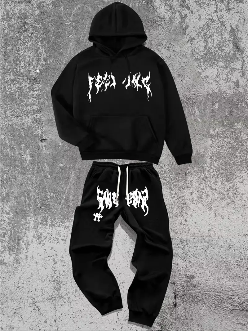Men's Hoodie and Pants Set American Streetwear with Lightning Cross Print Stylish Casual Wear Featuring Slight Stretch and Detailed Pockets Black Trouser Longsleeves