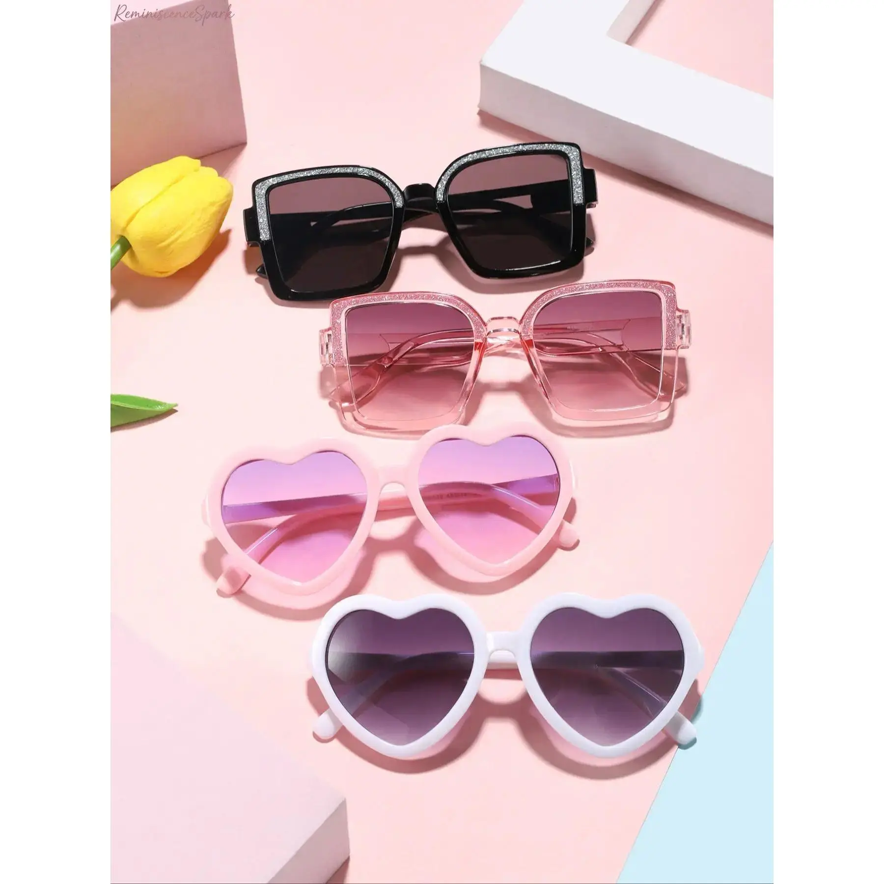 Kids' Cute Square Sparkling Sports Sunglasses - Heart Decor, Candy Color PC Frame, UV Protection Eyewear for Outdoor Wear, Ideal for Outdoor Play, Birthday Gifting