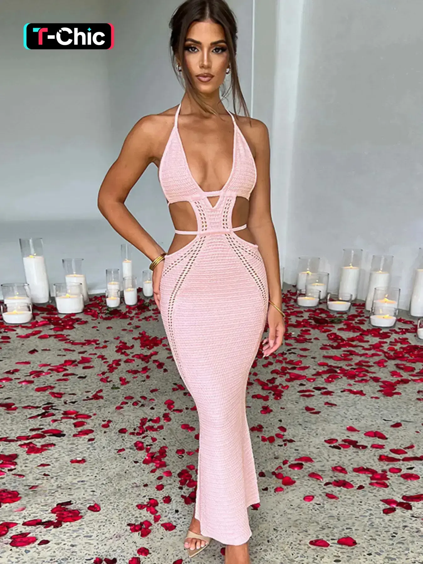 Women's Plain Cut Out Tie Back Cami Sleeveless Bodycon Long Dress, Sexy Backless Halter Neck Dress for Parties, Clubs and Dating, Ladies Summer Homecoming Clothes, Dresses for Party