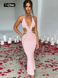 Women's Plain Cut Out Hollow Out Tie Back Cami Dress, Sexy Backless Halter Neck Dress for Party Club Dating Wear, Ladies Home Coming Summer Clothes, Halter Strap Dress