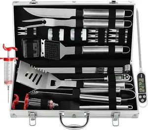 Grilljoy 24PCS BBQ Grill Tools Set with Meat Thermometer & Injector - Extra Thick Stainless Steel Fork Spatula Tongs - Perfect Grill Gifts for Men Grey kitchen gadgets kitchen items kitchen accessories grills Utensils Box Oil Portable Travel Box Oil
