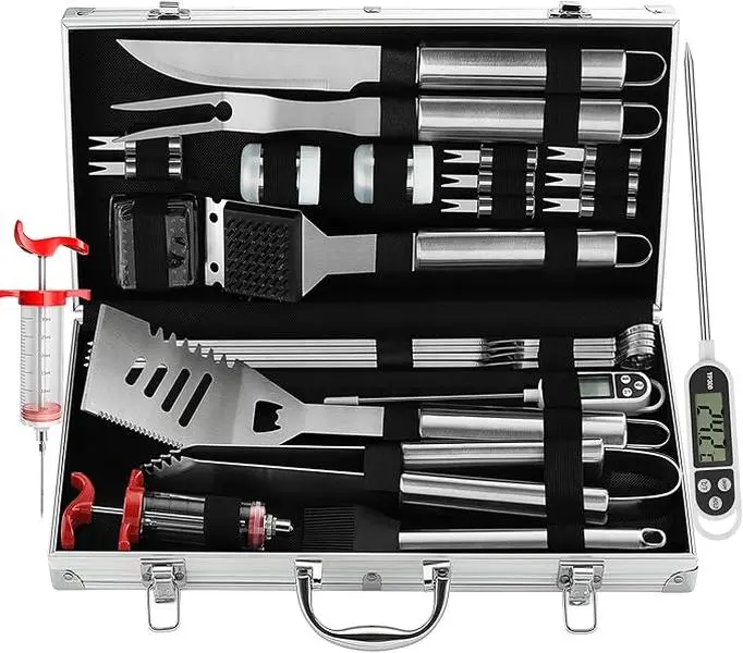 Grilljoy 24PCS Extra Thick Stainless Steel BBQ Grill Utensils Set - Travel Portable Gray Kit with Grill Brush, Meat Thermometer, Oil Accessory, Storage Box for Outdoor Cooking, Camping, Men's Christmas Gifts campingessentials