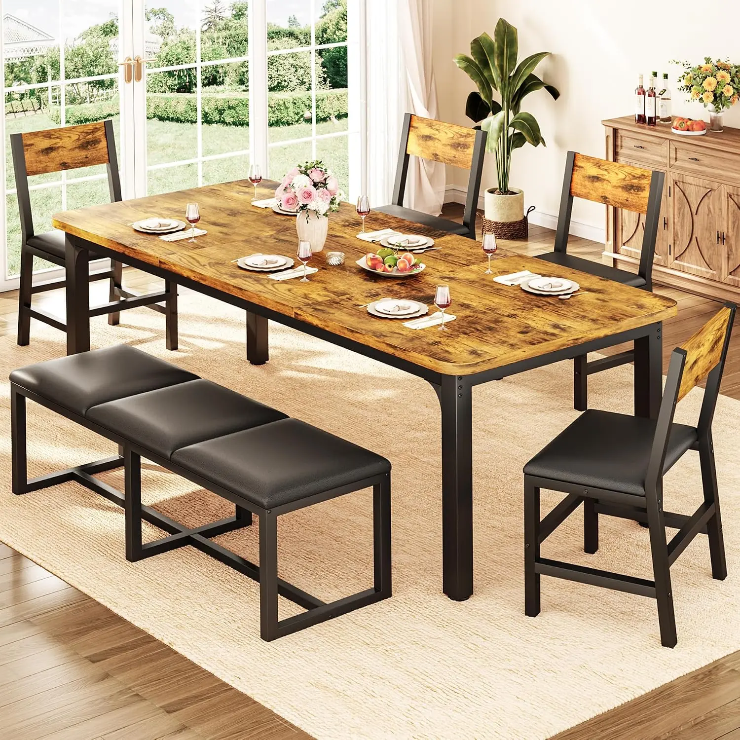 6-Piece Dining Table Set for 6-8, 63'' Long Kitchen Table Cushion Chairs Set with PU Bench and 4 Chairs, Rectangle Dining Table with Metal Frame & MDF Board, Space-saving for Small Apartment, Rustic