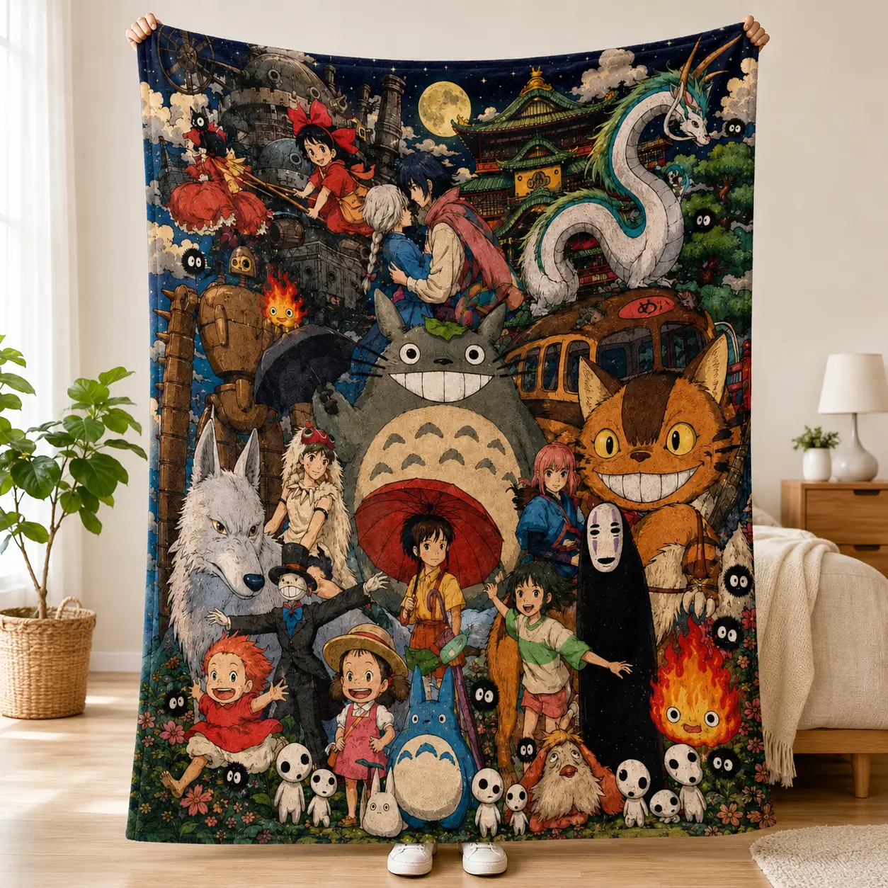 Studio Ghibli All-Characters Flannel Throw Blanket, Soft Warm Vintage Watercolor Print for Bedroom & Couch, Starry Night Cartoon Fantasy Graphic for Sofa, Bed, Dorm Room Decor, Cozy Birthday Holiday Gift for Miyazaki Fans