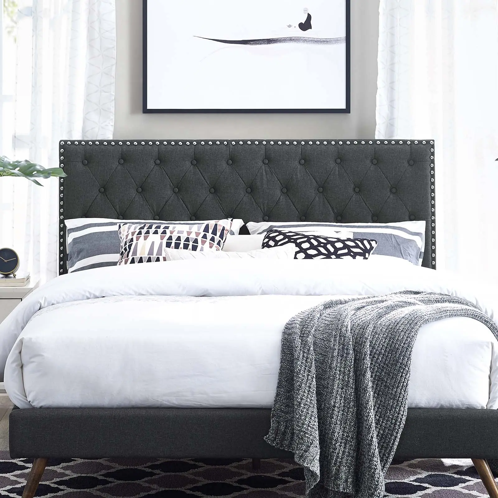 Modway Helena Button-Tufted Adjustable Upholstered Linen Fabric Full-Queen Headboard, Gray Wood, 46 to 54 Inches, 3-Mount-Position, for Modern Bedrooms, Adjustable Upholstered Headboard, Button-Tufting