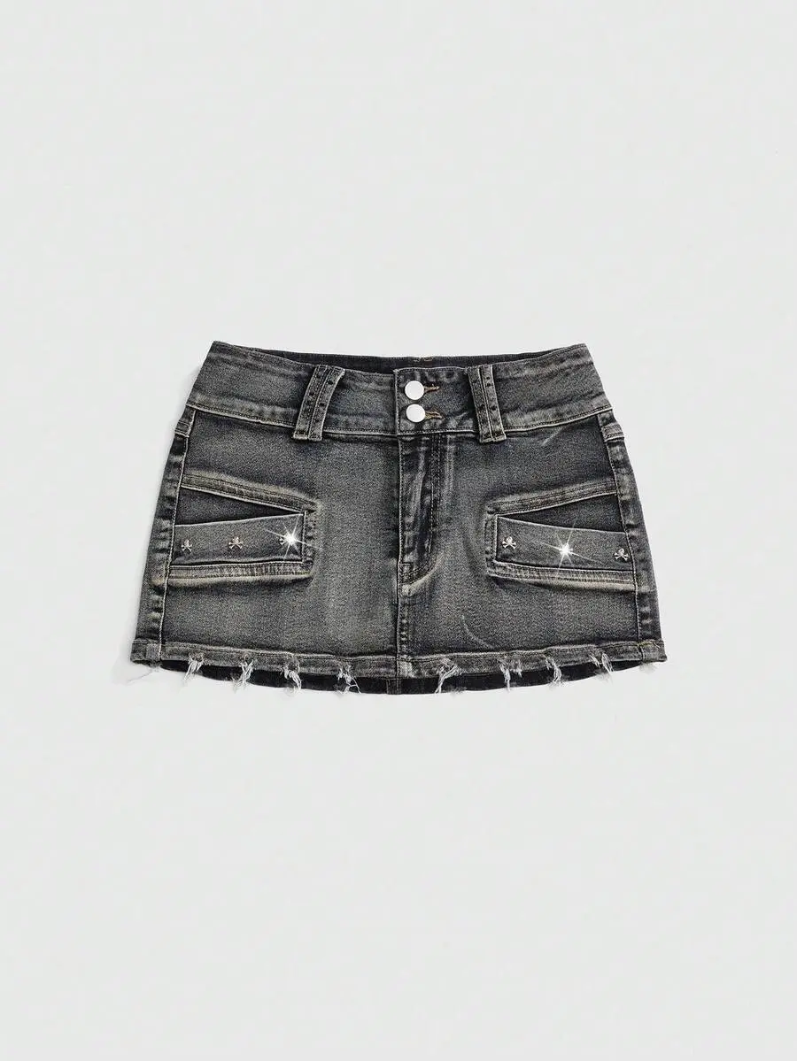 SHANIAH Grunge Punk Spring/Summer Carnival Casual Party Kpop Vintage Distressed Skull Studded Low Waist Sexy Denim Mini Skirt For Women
