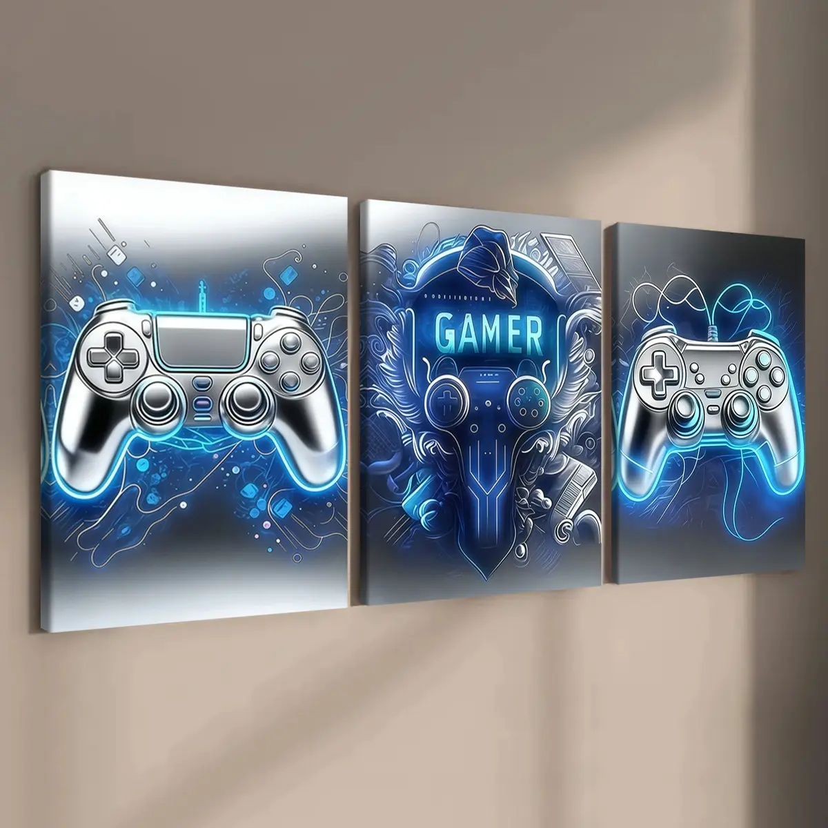 3-count wooden frame canvas, cyberpunk neon game controller triple decoration, e-sports theme cool art poster, fashionable family poster, modern living room decoration, suitable for corridor and bedroom walls, waterproof art