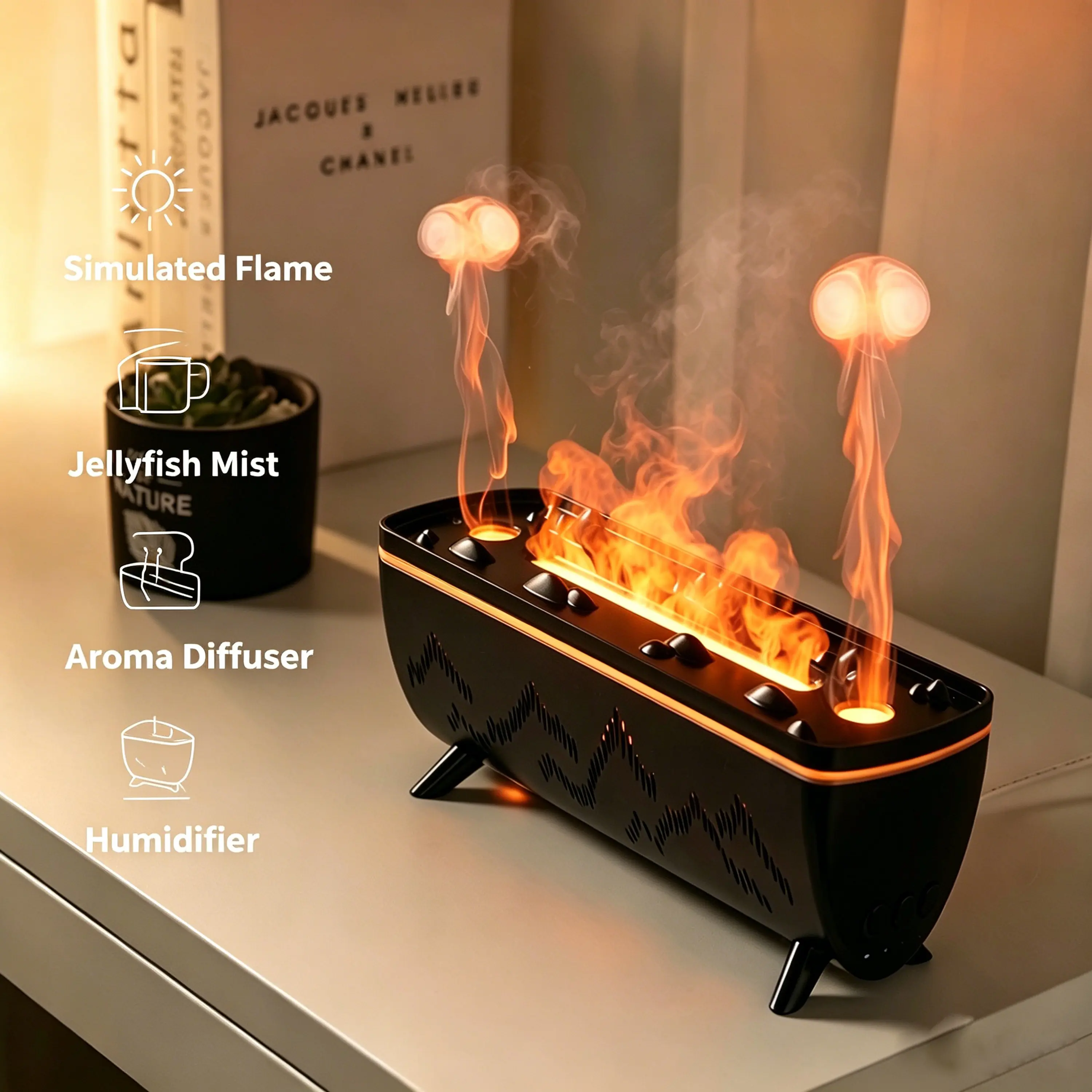 Desktop Ultrasonic Dual-Spray Scented Aromatherapy Machine - Safe Effective Operation, Simulation Flame Jellyfish Diffuser, Sleep Aid, Spa at Home, Fits Desks, US Plug Home Decor Humidifier, Automated Misting Aromatherapy Machine, Anxiety Relief Aid