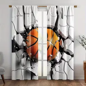 2 Piece Cracked Basketball Print Curtains, Fashionable Rod Pocket Window Drapes Home Textile for Bedroom and Living Room, Easy Installation