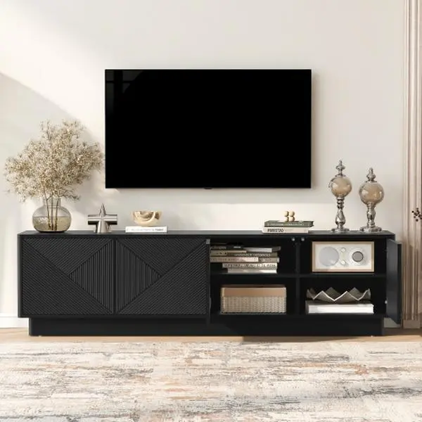 [Bellemave]Stylish 4-Door Wave Design Cabinet with Adjustable Shelves & LED Accent