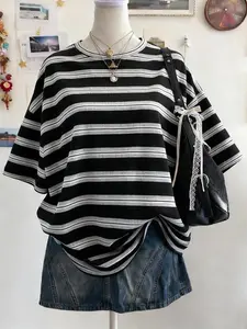 Women's Casual Short Sleeve T-Shirt, Womenswear, Striped Print Design, Fitted Style, Perfect for Daily Outdoor Wear, Summer, All Seasons, Everyday