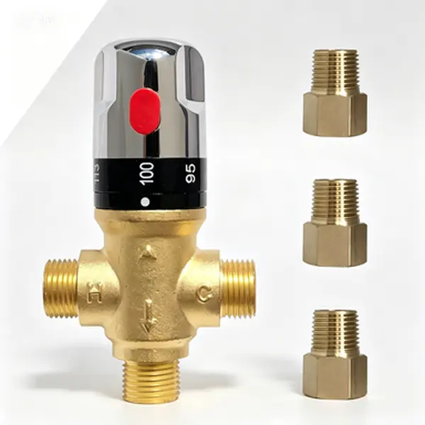 1/2 NPT Solid Brass Thermostatic Mixing Valve - Lead-Free Anti-Scald Shower/Bath Valve, 1/2 Inch Male Thread Hot Cold Mixer with Temp Range, Adjustable Regulator for Bathroom Plumbing Pipe Fittings Adapters Set