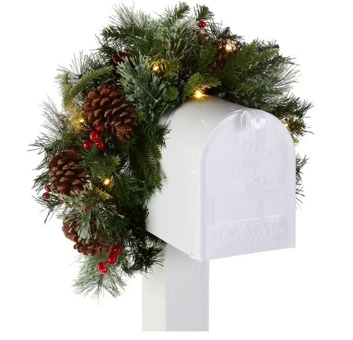 Pre-lit Artificial Christmas Mail Box Swag Flocked with Mixed Decorations and White LED Lights Colonial-36 Inch