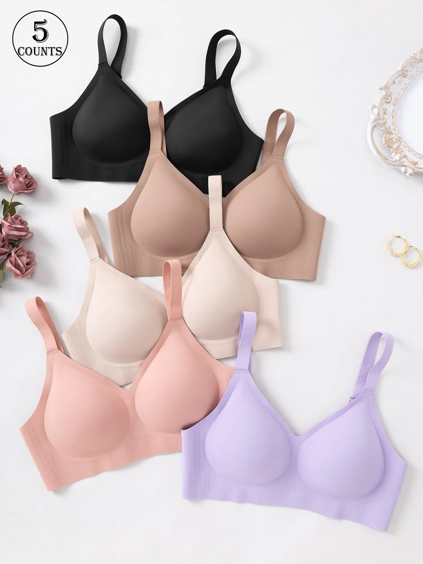5 pack solid color seamless women's bras with adjustable shoulder straps and hook closure, wire-free support and gathering back, comfortable and breathable, skin-friendly soft, daily casual, Everyday essential bra, sexy lift lingerie