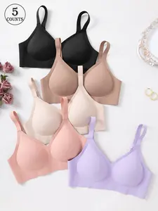 5 pack solid color seamless women's bras with adjustable shoulder straps and hook closure, wire-free support and gathering beautiful back, comfortable and breathable, skin-friendly soft, daily casual, jelly sexy lift lingerie, Wirefree Bra.