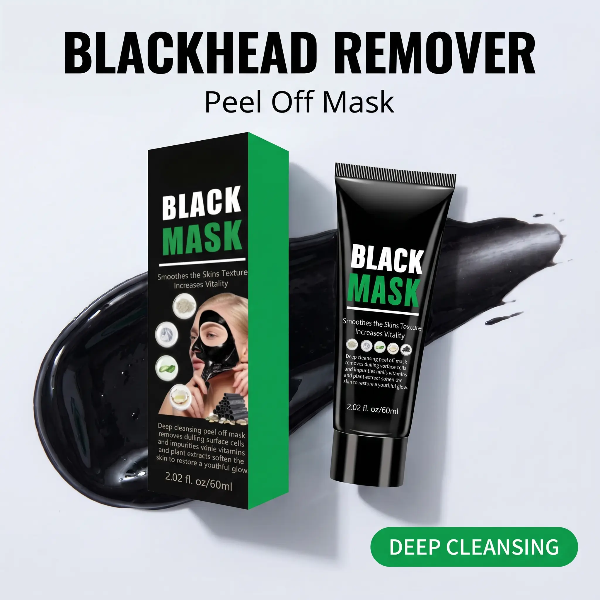 Blackhead Remover Peel-Off Mask with Bamboo Charcoal & Coconut Oil - Gentle Hydrating Pore Detox for Deep Cleansing & Oil Control, 60ml, Pore Detox Face Scrubs & Peels, Powder, Cosmetic