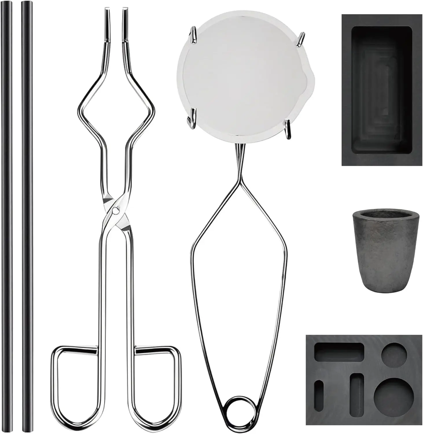 8-in-1 Metal Casting Kit with Graphite Crucible Set for Melting Metals & Workshop Use, Includes Graphite Ingot Molds, Tongs, Stir Rods, Quartz Cup for Gold, Silver, Aluminum Casting & Jewelry Making
