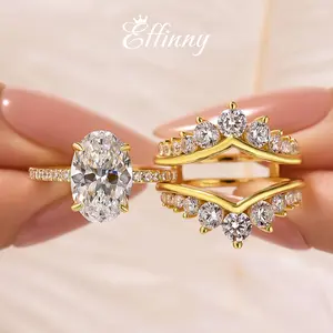 Effinny Jewelry 3.5ct Oval Cut 2PC Insert Wedding Ring Set, S925 Sterling Silver Bridal Ring, 5A Grade Cubic Zirconia Women's Ring for Travel