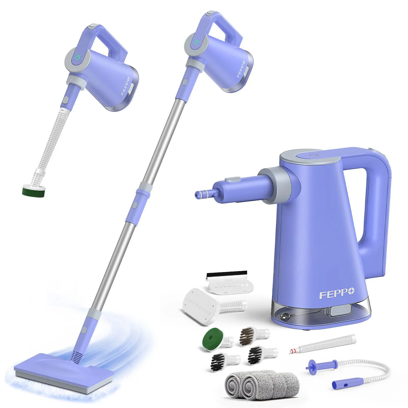 FEPPO Steam Mop with Detachable Handheld Steam Cleaner for Home and Floor Cleaning, 10-in-1 Multi-purpose Attachments & 2 Pads, Powerful Steamer for F