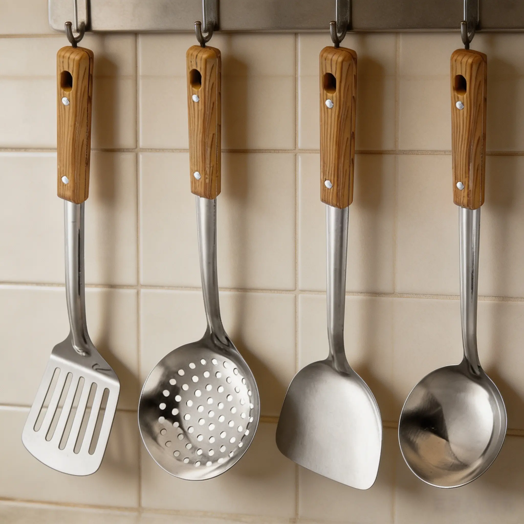 Sturdy Brushed Finish 4-Piece Stainless Steel Cooking Wok Utensil Set - Durable Heat Resistant Wooden Handles, Spatula, Ladle, Slotted Spoon, Oil Skimmer, Hanging Strainer for Kitchen Use
